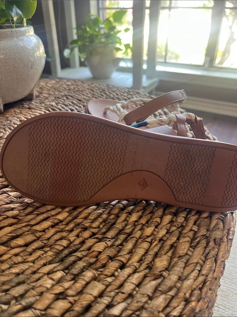 Sperry Tan Footbed Sandals with White Rope T-Strap
